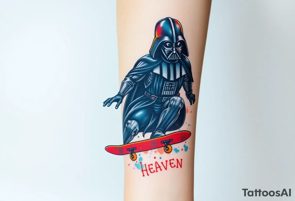 Darth Vader skateboarding > heaven
blue. red. yellow.
skateboard words "Darth Carter"
add date 12/29/88-01/06/24 tattoo idea