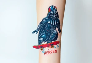 Darth Vader skateboarding > heaven
blue. red. yellow.
skateboard words "Darth Carter"
add date 12/29/88-01/06/24 tattoo idea