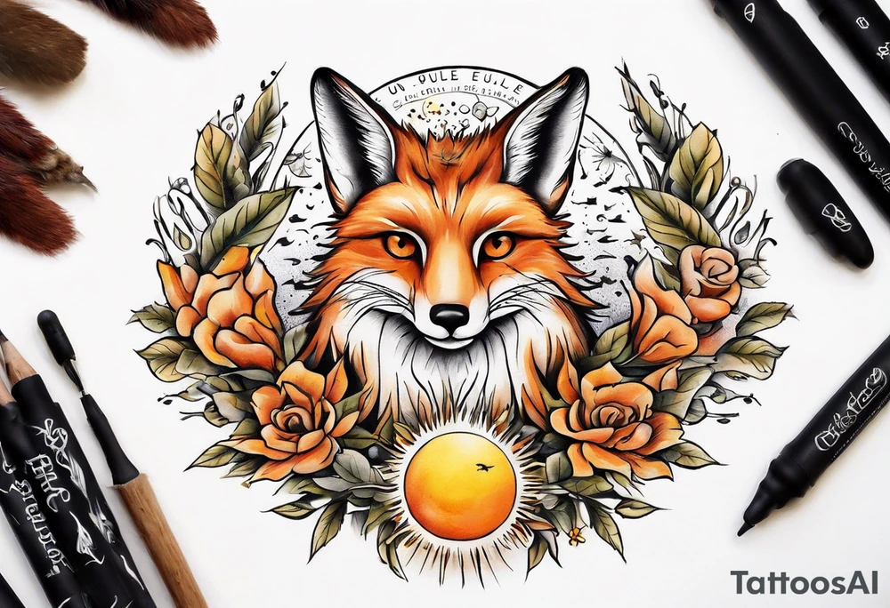 Fuchs und Eule unter der Sonne mit dem Schriftzug Sapere Aude tattoo idea
