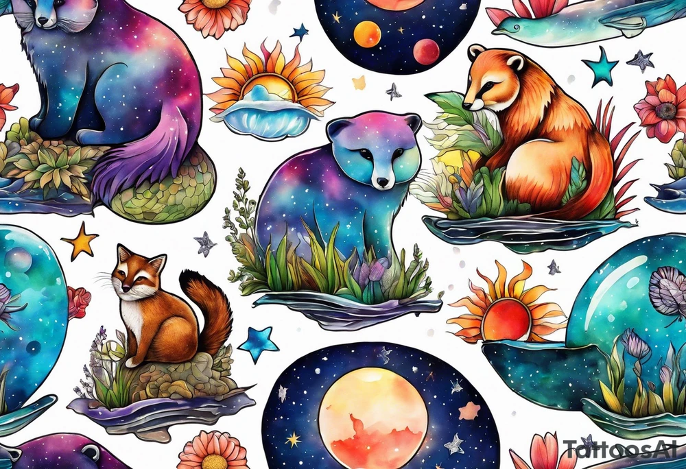 Glass animals and wildlife in Amsterdam canal in space featuring galaxy colours featuring Animals made from glass tattoo idea