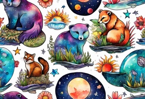 Glass animals and wildlife in Amsterdam canal in space featuring galaxy colours featuring Animals made from glass tattoo idea