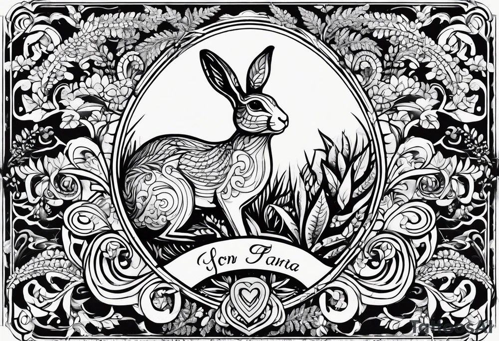 Base Design: upper armband

Include:
Heart
fern spirals
boxing hare
water

use only UK flora and fauna tattoo idea