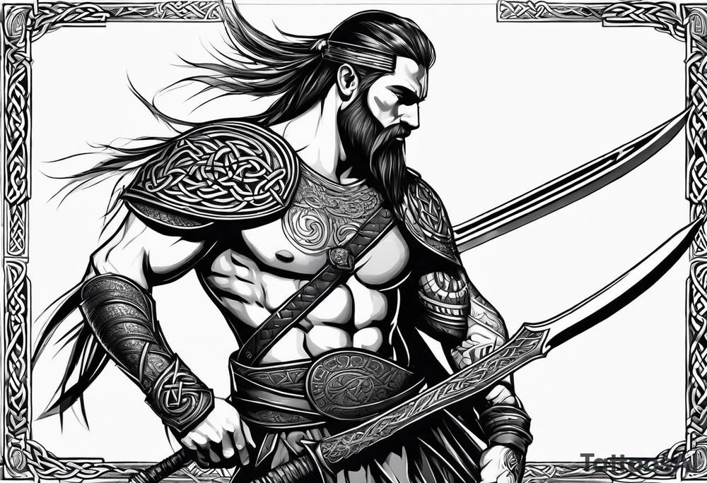 Side profile of full body of Celtic warrior with weapons unsheathed tattoo idea