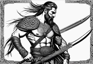 Side profile of full body of Celtic warrior with weapons unsheathed tattoo idea
