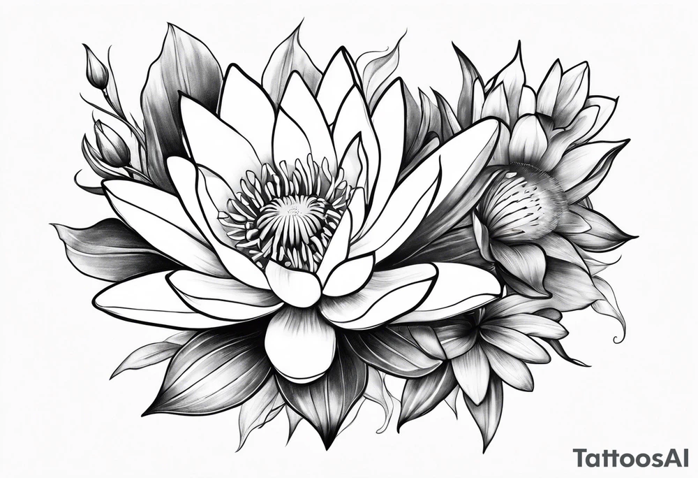 Water lily and larkspur bouquet tattoo idea