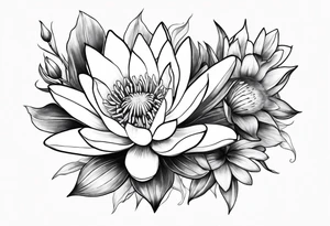 Water lily and larkspur bouquet tattoo idea