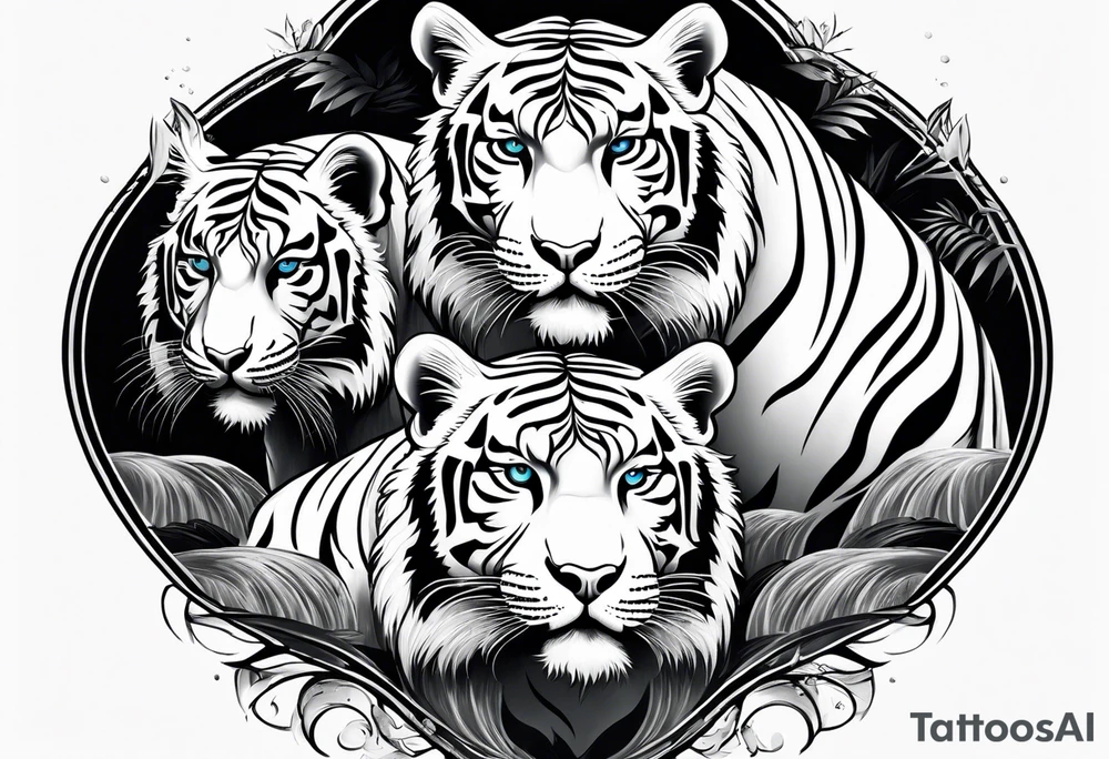 Two white tigers in nature separated by a waterfall tattoo idea