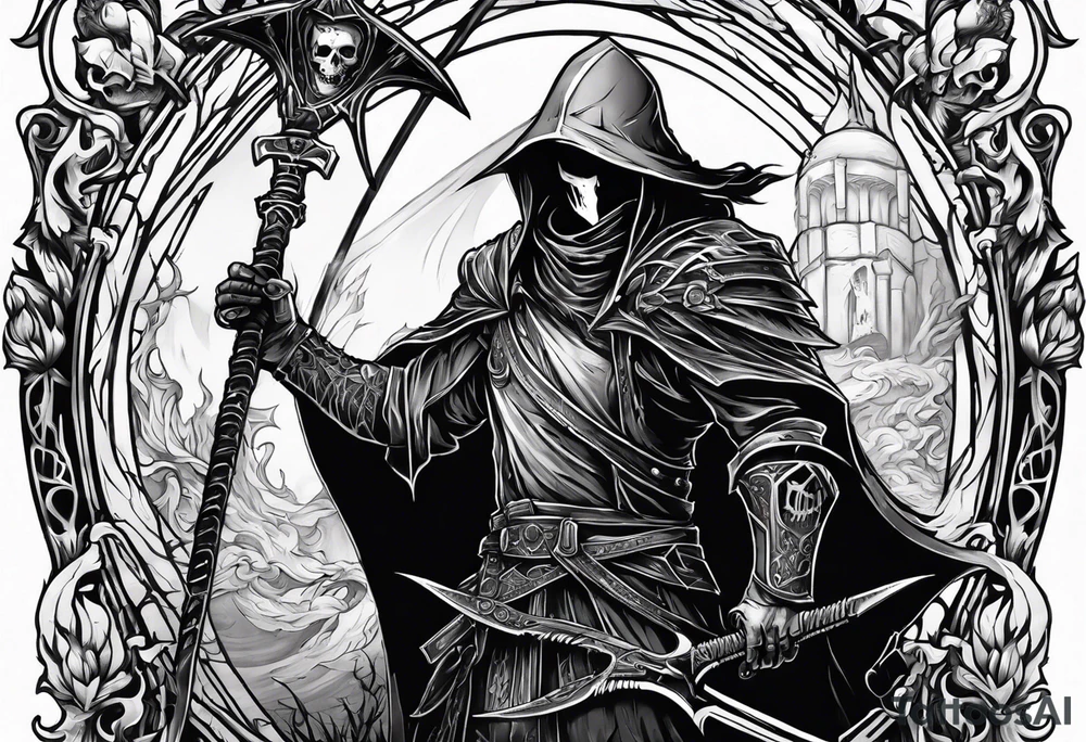 warlock holding a scythe with a skeletal knight tattoo idea