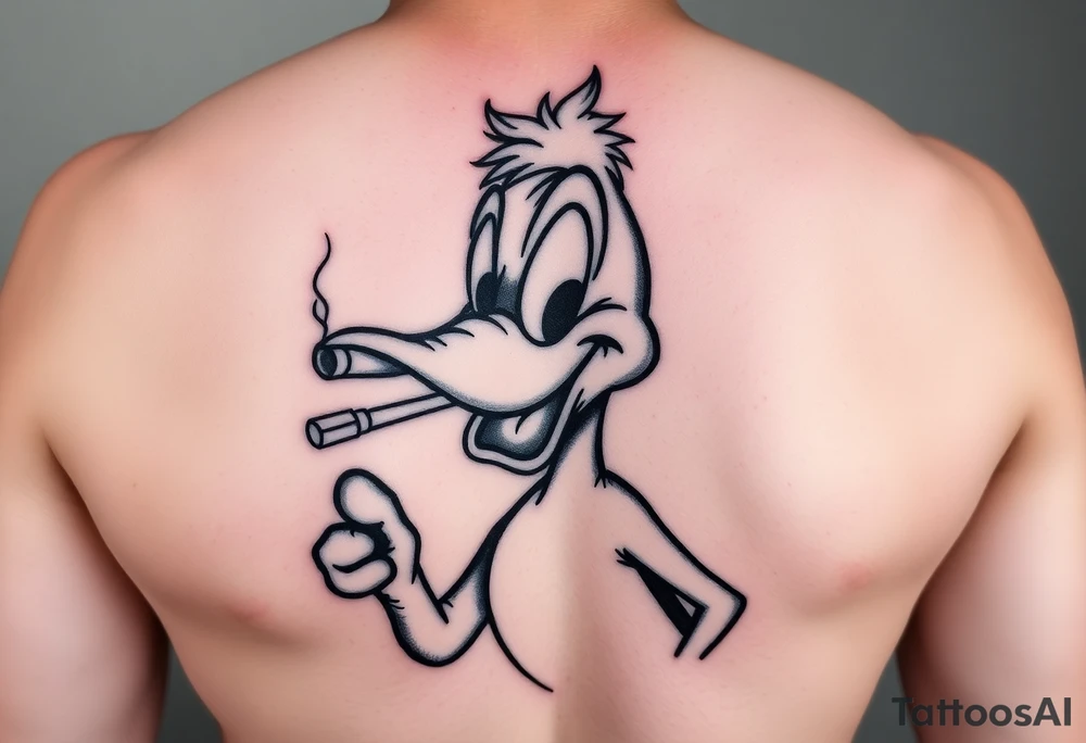 Older Daffy duck smoking a blunt of marijuana tattoo idea