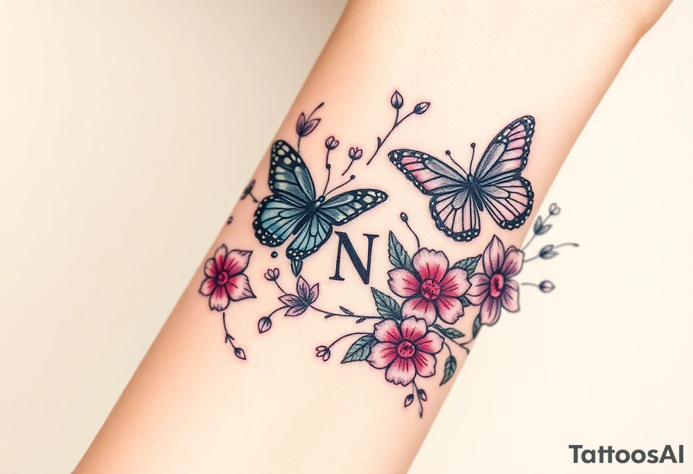 butterflies and flowers 
Letters L,M,N,O,P among the foliage tattoo idea