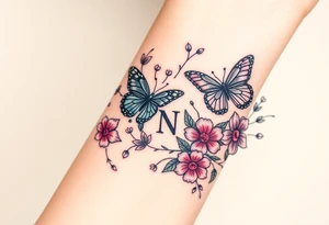 butterflies and flowers 
Letters L,M,N,O,P among the foliage tattoo idea
