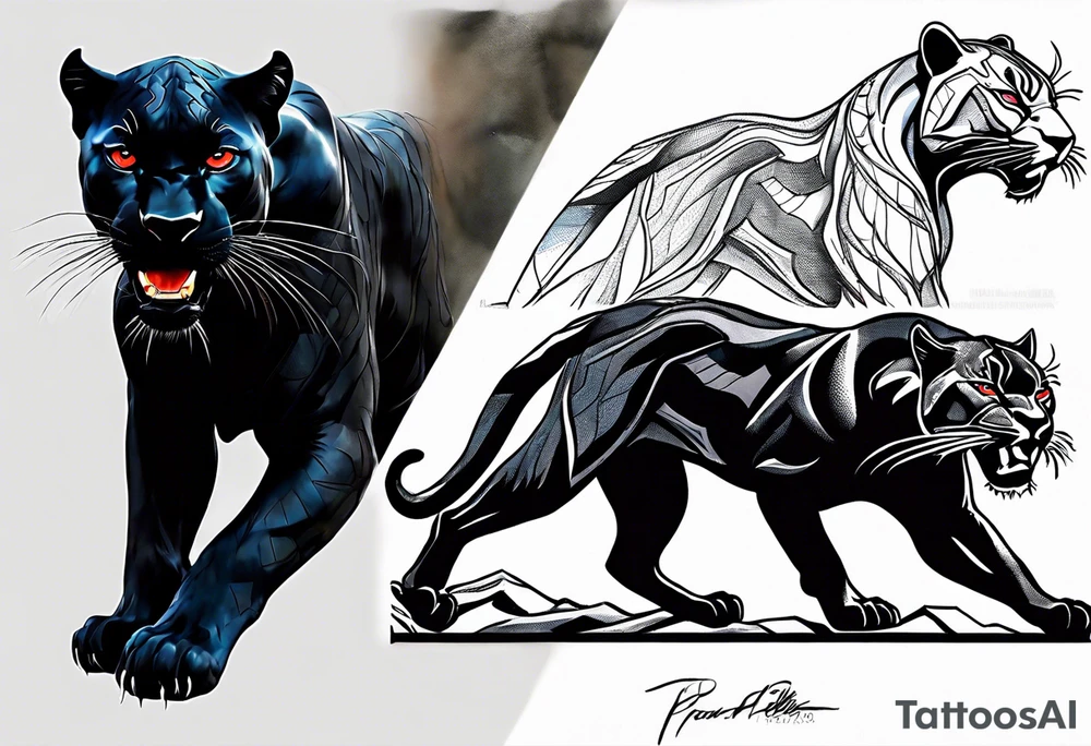 unique black panther tattoo, dynamic pose, showcasing its strength and grace, striking red eyes, intense and captivating elements, artistic flair, blending realism with abstract elements tattoo idea