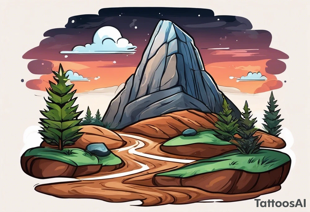 Create a tattoo of a flat topped rock Ebenezer with a base under the ground line that is pointed and deep, surrounded by freshly tilled and raked soil ready to be planted and under ground in front of the rock, a seed planted and pushing through the soil tattoo idea