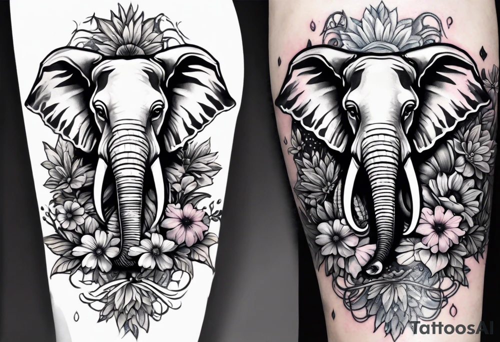 Forearm sleeve that includes a tribal elephant surrounded by voilet flowers, next to a deer skull wrapped with a survival ribbon and surrounded by morning glory flowers, and a cow skull painted with little daisy’s, surrounded by larger daisy flowers and cactus. tattoo idea