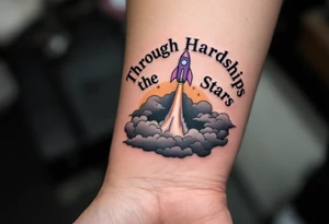 The phrase “Through Hardships To the Stars” in serif black is tattooed beneath a violet rocket ship breaking past a gray cloud. tattoo idea