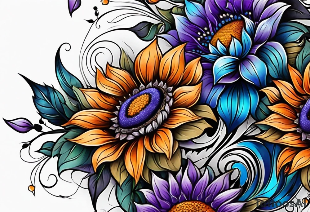 Full leg sleeve with purple, orange and blue sunflowers tattoo idea
