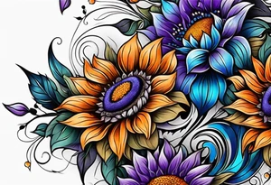 Full leg sleeve with purple, orange and blue sunflowers tattoo idea