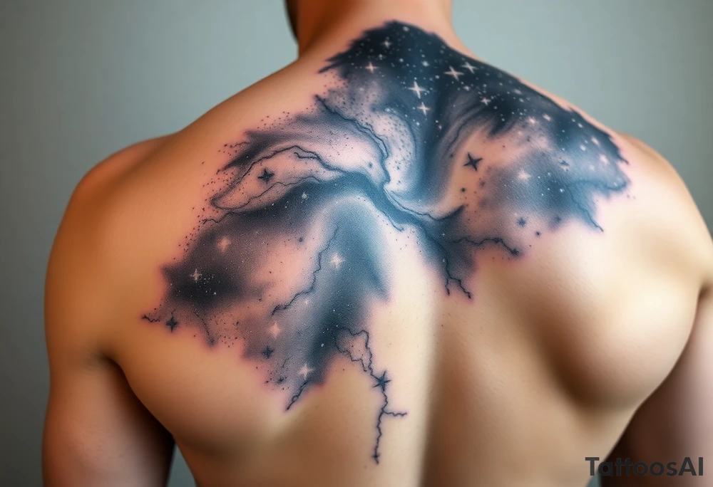 Beautiful and epic 3d milky way that appears to be what is beneath the skin. Make it drape over the shoulder and move to the middle back. use negative spaces to create stars and dust. Keep it symmetrical tattoo idea