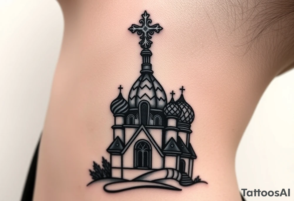 Flowing Scene

A onion domes orthodox church
Virgin Mary in prayer pose wrapping around the lower neck curve
A small double headed russian coat of arms eagle or just the star tucked above the dome near the hairline tattoo idea