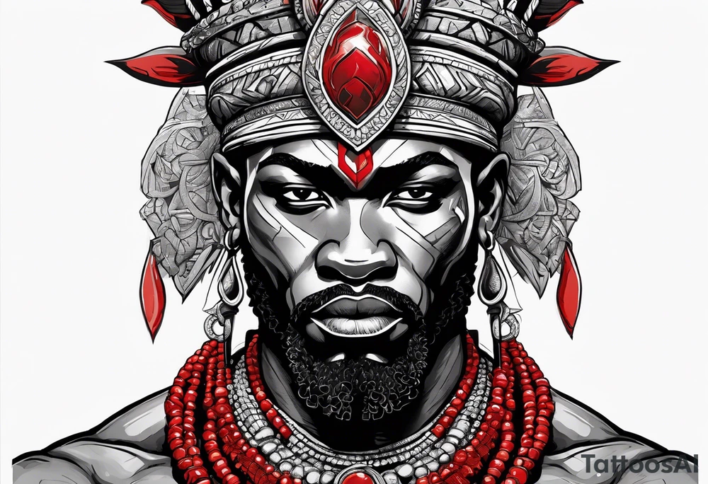 african god of war,  wearing a small metalic silver crown and wearing a red necklace tattoo idea