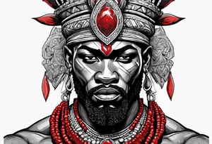 african god of war,  wearing a small metalic silver crown and wearing a red necklace tattoo idea