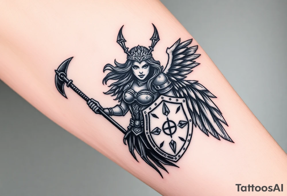 A fierce looking Valkyrie with huge dark wings. She's wielding a menacing axe and a sturdy shield with a vegvisir symbol.

Her face is really attractive but screaming with battle rage.

She's heavily armored and ready for battle tattoo idea