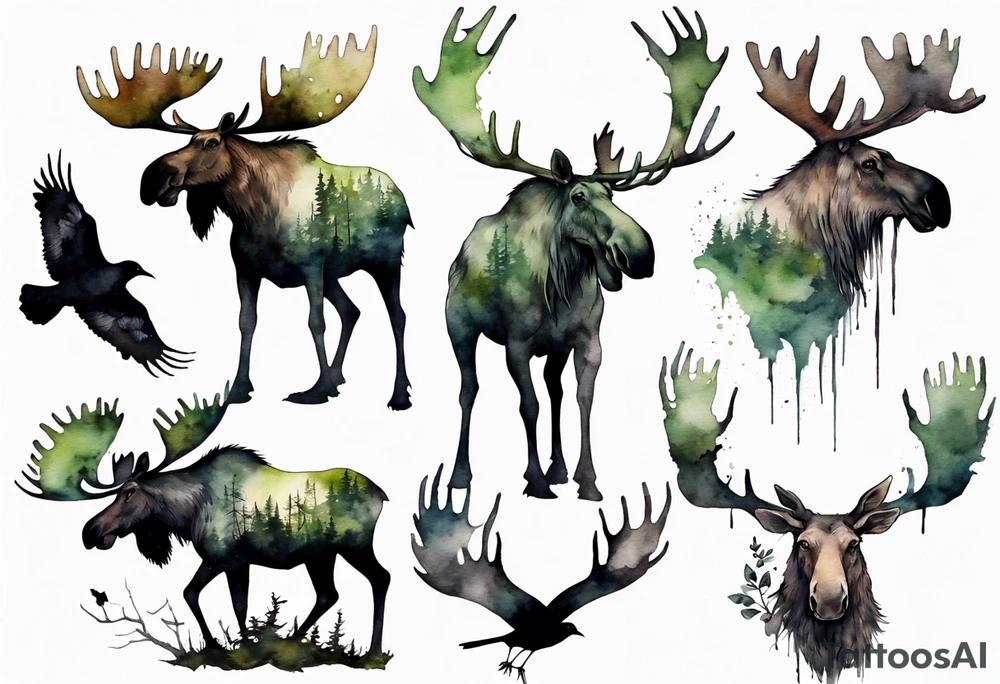 a giant moose covered in moss, ghostly crows perched on his antlers tattoo idea