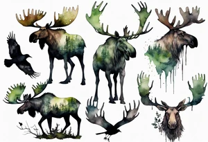 a giant moose covered in moss, ghostly crows perched on his antlers tattoo idea