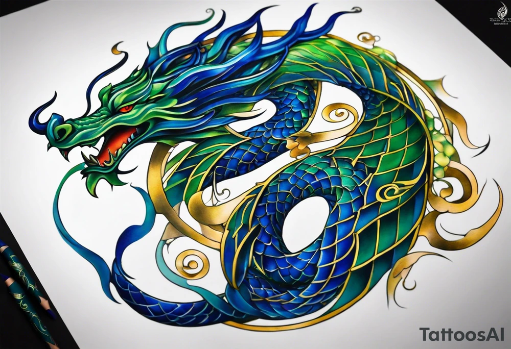 Surrealistic Tattoo: An epic with no wings, floating. Its long body coiling dynamically, with scales and horns detailed to create a sense of movement and strength. The dragon's main color is midnight blue but features accents in green, blue, and gold, giving a vibrant depth and a mystical aura. This tattoo highlights the dragon’s fierce expression and sharp claws as it wraps protectively around the leg. Style: Surrealism tattoo idea