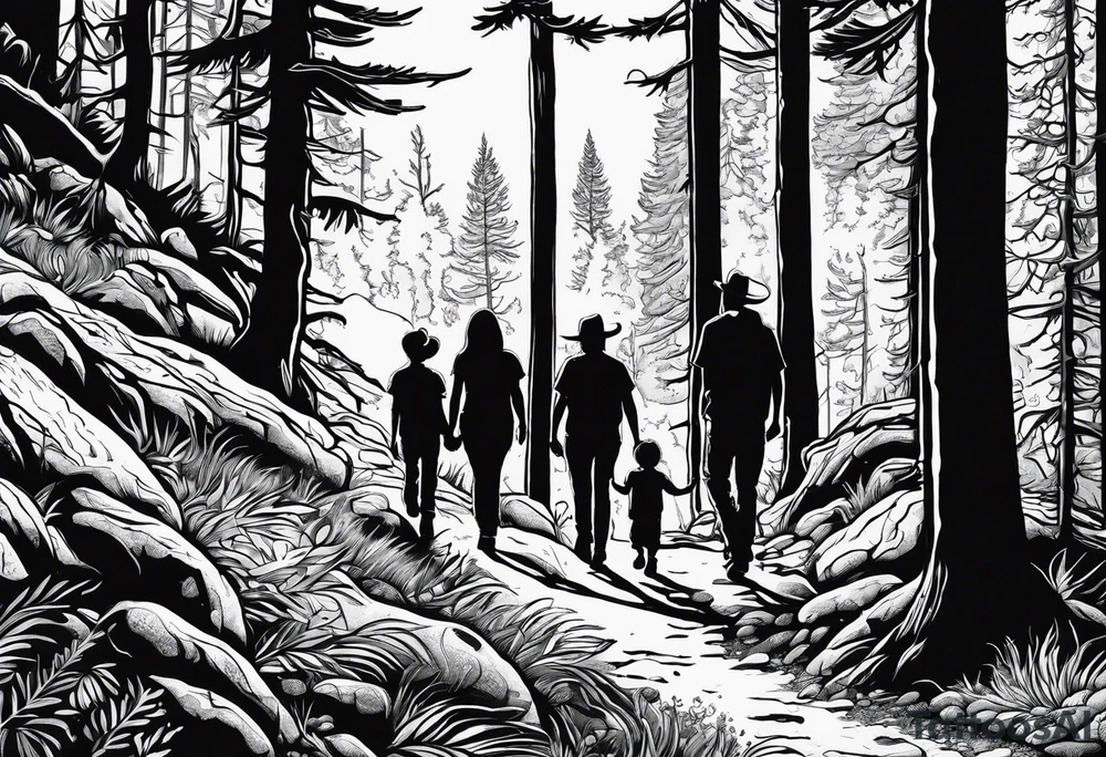 A family of four walking through the Pacific Northwest Forrest. Mexican art. Trust in God tattoo idea
