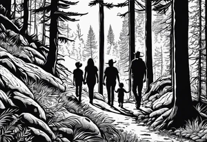 A family of four walking through the Pacific Northwest Forrest. Mexican art. Trust in God tattoo idea
