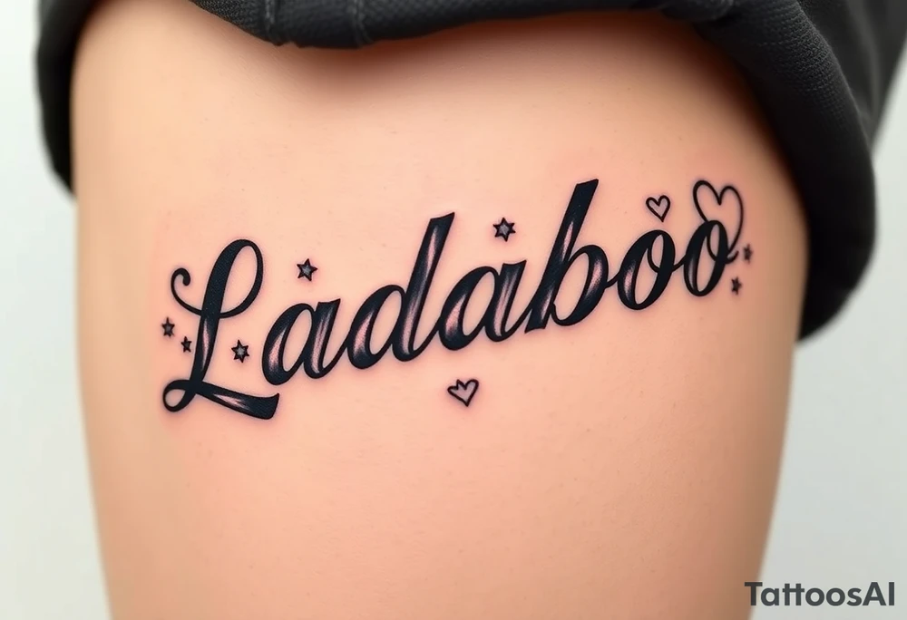 The name Ladaboo with stars and hearts around the name tattoo idea