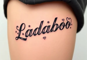 The name Ladaboo with stars and hearts around the name tattoo idea