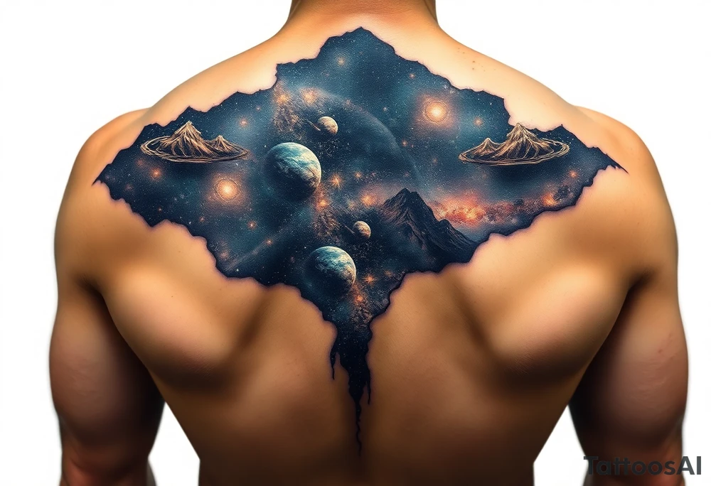 Beautiful and epic 3d milky way that appears to be what is beneath the skin. Make it drape over the shoulder and move to the middle back. use negative spaces to create planets and stars. tattoo idea