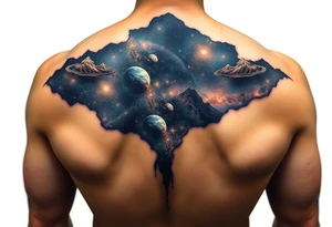 Beautiful and epic 3d milky way that appears to be what is beneath the skin. Make it drape over the shoulder and move to the middle back. use negative spaces to create planets and stars. tattoo idea