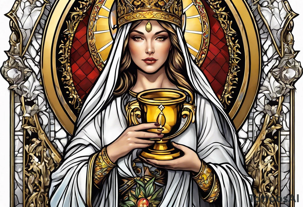 holy saint woman with golden halo holding a chalice tattoo idea