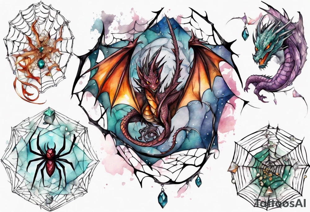 Dragon in a spiral spiderweb with jewels and shattered chalices and one spider tattoo idea
