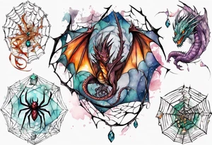 Dragon in a spiral spiderweb with jewels and shattered chalices and one spider tattoo idea