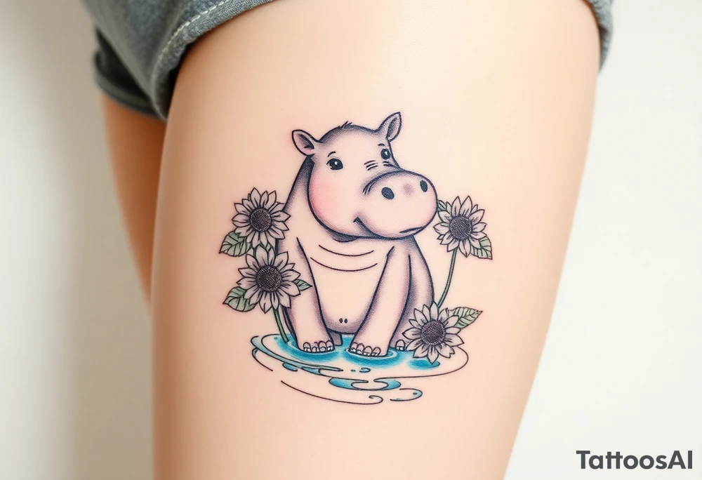 Cute hippo and with sunflowers and carnations and water tattoo idea