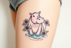 Cute hippo and with sunflowers and carnations and water tattoo idea