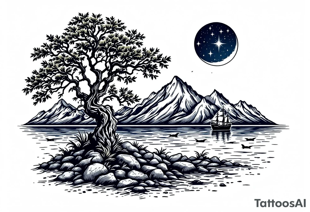 tattoo that has an acacia tree with mountains, ocean with a ship wreck with sharks and the northern star tattoo idea