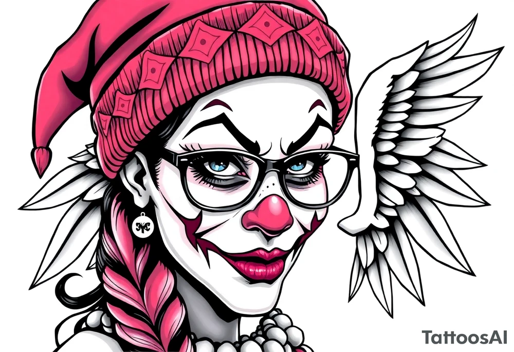 Mexican Clown Girl thug beanie eyeglasses angel wings tattoo idea