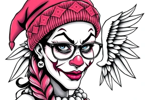 Mexican Clown Girl thug beanie eyeglasses angel wings tattoo idea