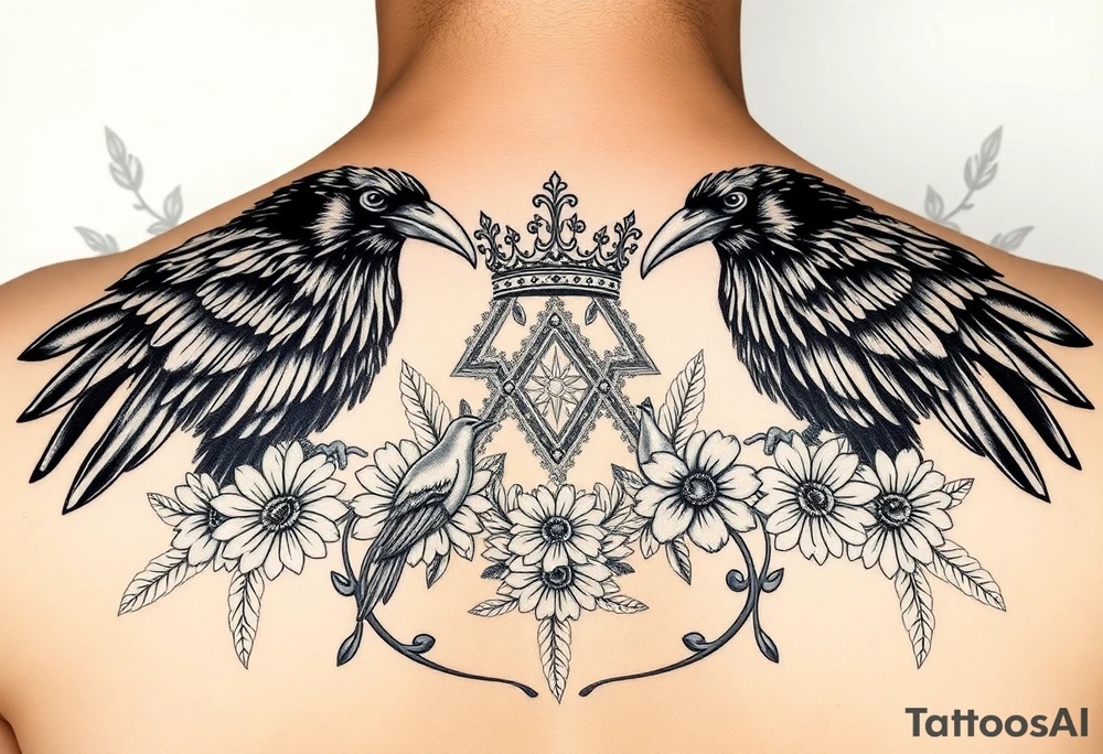 powerful majestic ravens with a crown, surrounded by floral ornaments and birds tattoo idea