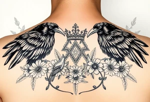 powerful majestic ravens with a crown, surrounded by floral ornaments and birds tattoo idea