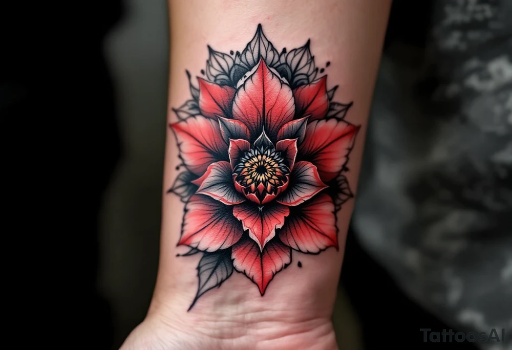 red  and black rhododendron trippy with mandala behind tattoo idea
