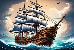 4 story wooden ship one plank coloured tattoo idea