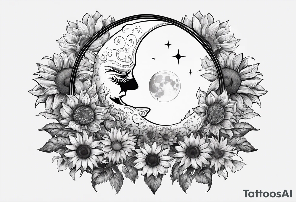 Cancer, moon, sunflower, flowers, fairy, goddess, love, kind, fierce, sun, caring, tattoo idea