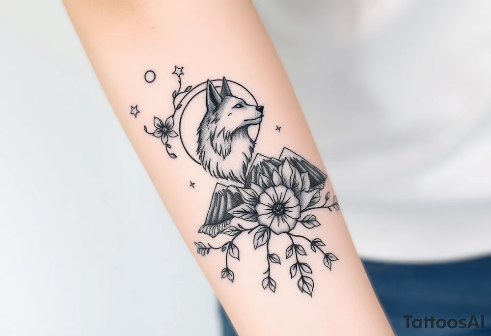 Rose vine with wolf, moon and stars mountains wrap tattoo idea Rose vine with wolf, moon and stars mountains wrap tattoo idea