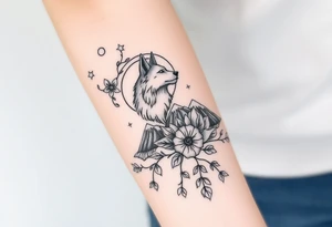 Rose vine with wolf, moon and stars mountains wrap tattoo idea